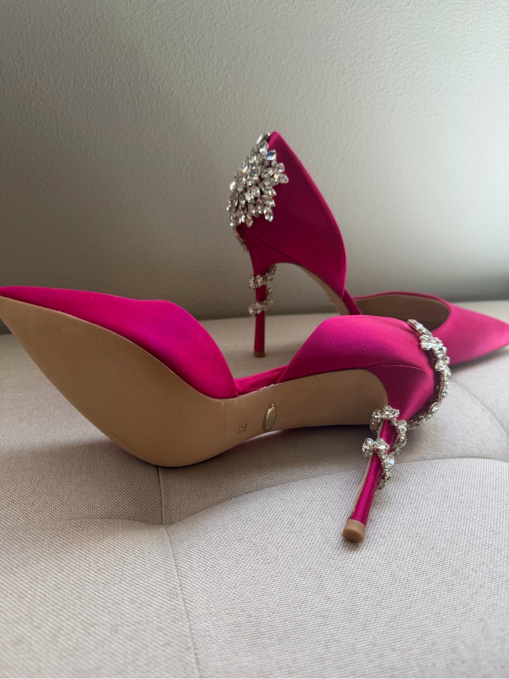 Badgley Mischka Hot Pink Satin Crystal-Embellished Pointed D'Orsay Pumps - Picture 4 of 5